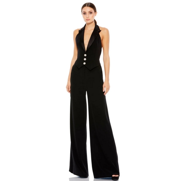 MAC DUGGAL size 4 BLACK TUXEDO HALTER JUMPSUIT